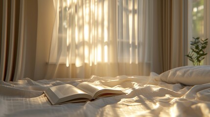 Fototapeta na wymiar Peaceful scene of a book placed on a bed with white linen, illuminated by the gentle morning light filtering through the curtain