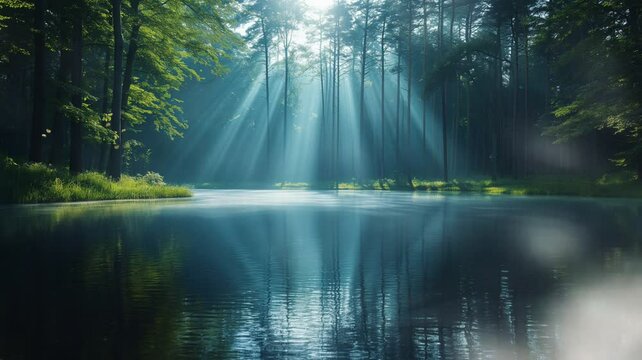 lake in the middle of the forest with sunlight and butterflies. Can be used as a motivational background, peace, heaven, calm. seamless motion 4K