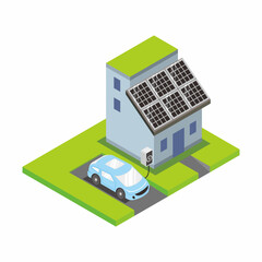 Isometric view of modern urban house design with solar panel module on the roof for green energy smart concept and electric vehicle park for recharge. Vector illustration