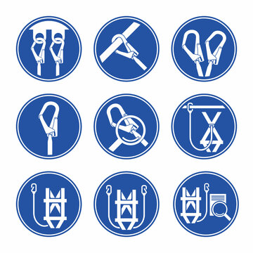 Set of icons of industrial safety rule and standard for working at height. Personal protective equipment, gear, and inspection symbol.