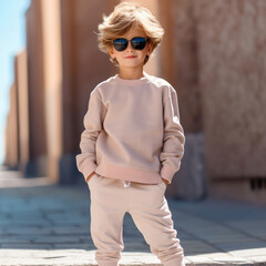 Happy Little Boy Posing Outdoors with Stylish Sunglasses on a White Background