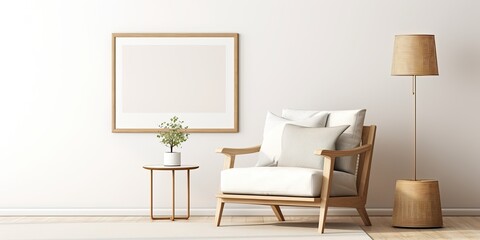 Stylish template of a minimalistic living room decor with a poster frame, table lamp, rattan commode, and personal accessories.