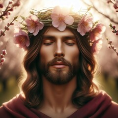 Jesus Christ with flowers in his hair in the spring garden. Happy Easter. 