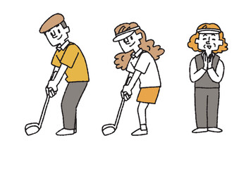 クラブをかまえるゴルファーの男性と女性　拍手をするキャディの女性のイラストセット