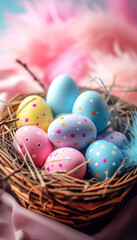Fototapeta na wymiar Easter color eggs lie in a cute wicker basket surrounded by colored feathers, on a blurred bokeh background, top view. Happy Easter concept. Vertical banner