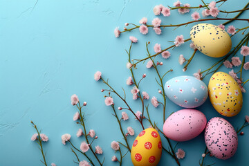 Colored Easter eggs lie along with blossoming branches on a blue background. Flat lay, Easter concept