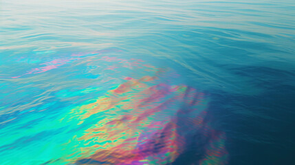 Fototapeta na wymiar A rainbowhued sheen spreads across the calm ocean surface a stark contrast to the vibrant marine life that is threatened by exposure to leaked oil and gas.