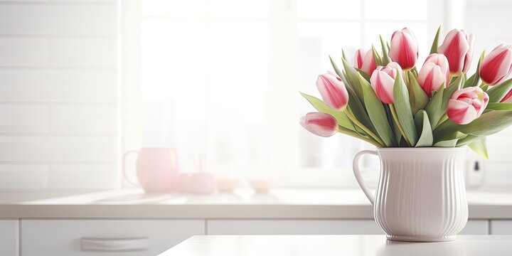 Tulips on a white table, a white Scandinavian kitchen, home comfort, International Women's Day on March 8.