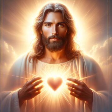 Jesus Christ with a heart in his hands, christian religion concept God Love You 