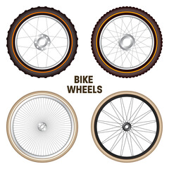 Realistic 3d retro bicycle wheels. Vintage bike rubber tyres, shiny metal spokes and rims. Fitness cycle, touring, sport, road and mountain bike. Vector illustration