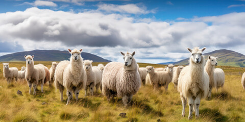 Fototapeta premium Serene Shepherd: A Majestic Flock Grazing Amidst the Lush Green Meadows of Icelandic Highlands