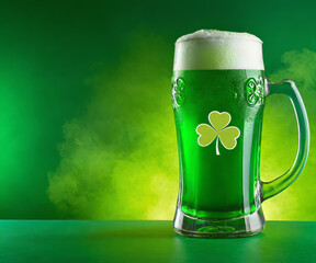 Green Background with Shamrock and Green Beer: Saint Patrick's Banner with Irish Shamrock, Celebrating St. Patrick's Day in Ireland - Festive Saint Patrick’s Day Concept for Irish Celebrations