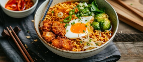 Delicious Ramen with Egg, Crispy Fried Chicken, and Roasted Brussel Sprouts - A Perfect Blend of Ramen, Egg, Chicken, Fried, Brussel Sprouts Goodness