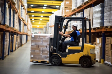 Fototapeta na wymiar A man operates a forklift in a large warehouse among shelves of goods