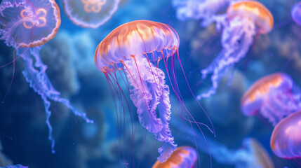 Fototapeta premium Serene Floaters With gentle pulsing movements jellyfish drift and soar with tranquil beauty creating a serene atmosphere wherever they go.