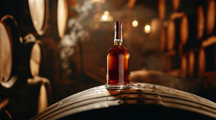  A bottle of fine alcoholic drink on a barrel in the warm atmosphere of the cellar. - obrazy, fototapety, plakaty