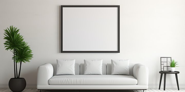 Square artwork template in contemporary interior design showcased within blank picture frame on white wall.