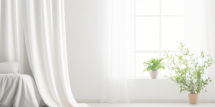 White minimal style bedroom with soft natural light from curtain background, viewed from the side.