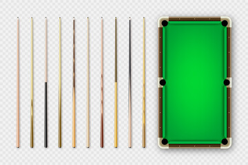 Various wooden billiard cues and green pool table. Snooker sports equipment. Vintage cue. Recreation and hobby, competitive game. Vector illustration