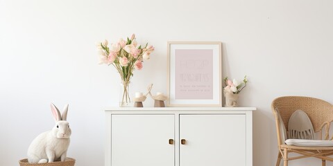 Easter-themed living room interior with mock-up poster frame, white sideboard, hyacinth, Easter...