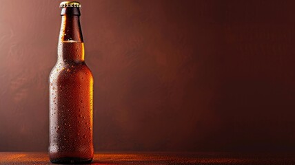 Cold beer bottle with condensation on red backdrop