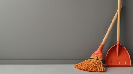Orange broom and dustpan set against a smooth gray wall - obrazy, fototapety, plakaty