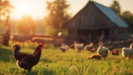 Idyllic farm scene at sunset featuring a rooster in the foreground and animals in the background