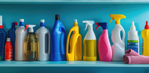 A variety of colorful cleaning bottles arranged on a blue shelf