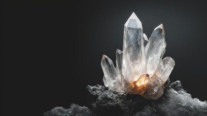 Majestic quartz crystal cluster glowing on dark background - obrazy, fototapety, plakaty