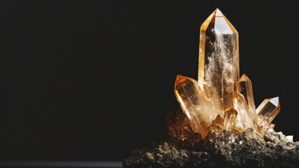 A majestic citrine crystal formation stands against a dark backdrop