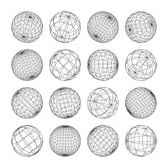 Wireframe shapes, lined sphere. Perspective mesh, 3d grid. Low poly geometric elements. Retro futuristic design elements, y2k, vaporwave and synthwave style. Vector illustration