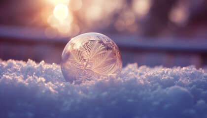 As the first rays of the morning sun illuminate a frosty landscape, a delicate bubble displaying intricate frozen crystals rests atop a bed of snow