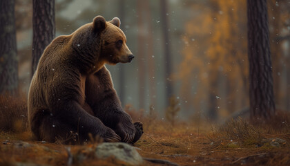 A brown bear sits quietly in the forest, snowflakes gently fall around it, signaling the approach of winter