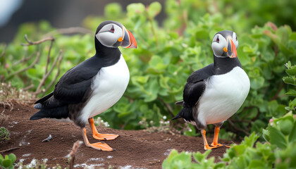Two puffins with striking orange beaks and webbed feet stand among green foliage, looking in opposite directions