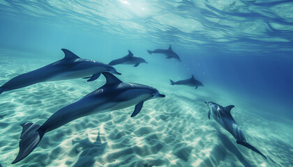 A pod of dolphins swims gracefully through the clear blue waters near the ocean floor, bathed in the sunlight filtering through from the surface