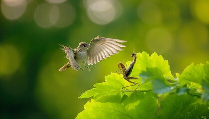 A bird hovers in mid-air with wings spread wide, facing a praying mantis perched on the edge of a bright green leaf in a tense moment of wildlife interaction