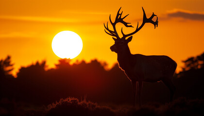 A deer stands in silhouette against a vibrant orange sunset, with its majestic antlers outlined by the glowing sun on the horizon
