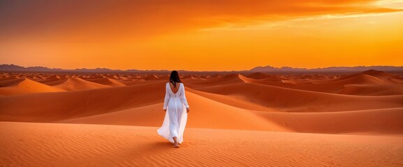 Fototapeta na wymiar Woman Walking in Desert at Sunset