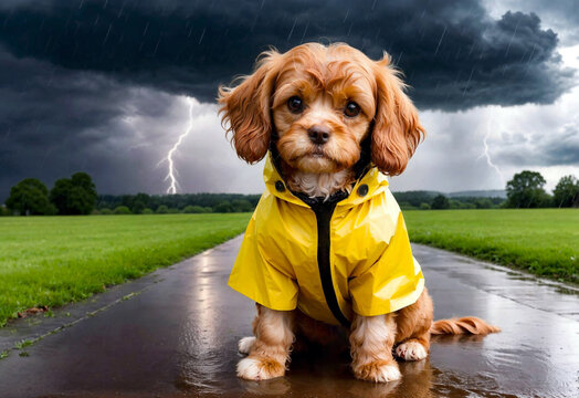 Sad dog wearing raincoat during a storm