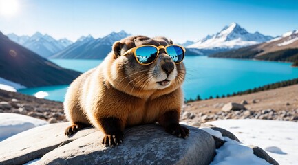 Sunglasses Groundhog Near Mountain Lake