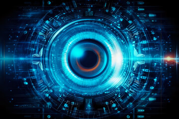 Fototapeta premium Advanced Cybernetic Eye Interface. complex cybernetic eye interface with an intricate network of lines and circuits, glowing with a deep blue hue. It suggests high-level technology,