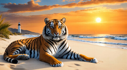 Sunset tiger on the beach