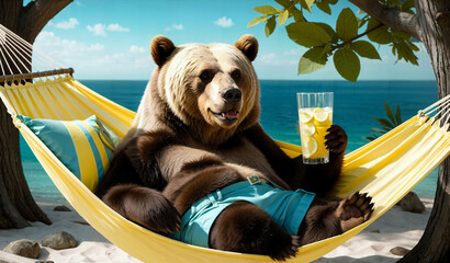 Bear in a Hammock with Glass of Lemonade