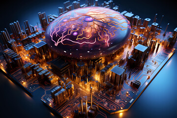 Neuro-City Conceptual Illustration

A conceptual illustration of a futuristic city with buildings in the form of a circuit board, overshadowed by a glowing brain, depicting a smart neuro-city.