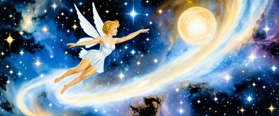 Obraz na płótnie Canvas Winged Fairy in Starry Sky