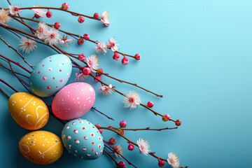Colored Easter eggs lie along with blossoming branches on a blue background. Flat lay, Easter concept
