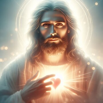 Jesus Christ with a glowing heart in his hands, conceptual image of Jesus Christ God Love You
