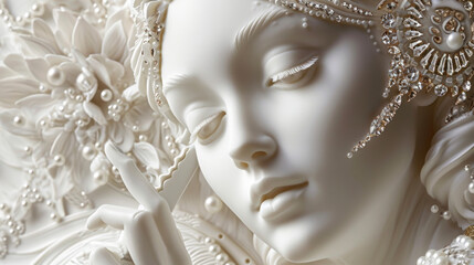 A heavenly figure adorned with glistening jewels using a magical chisel to carve a stunning marble statue.
