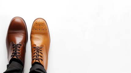 Stylish brown and tan leather shoes on a white background with copy space