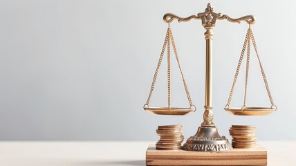 Gold scales balancing against a backdrop with stacked coins